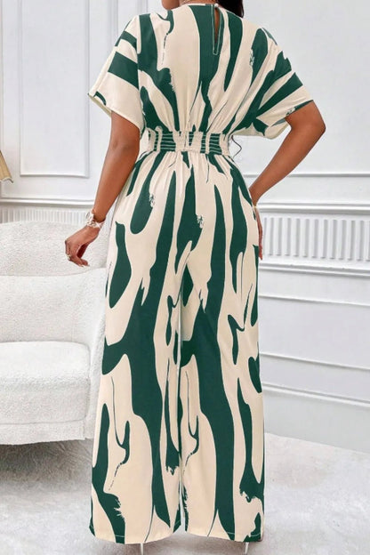 Printed V - Neck Short Sleeve Wide Leg Jumpsuit - Rochelle's House LLC