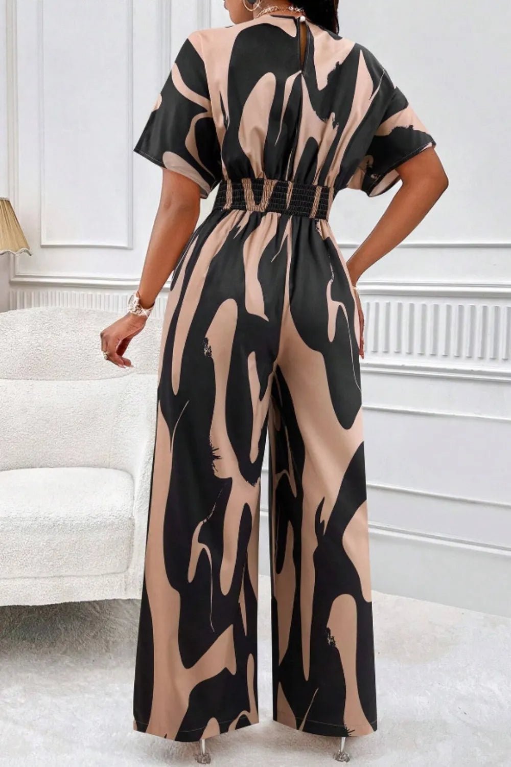 Printed V - Neck Short Sleeve Wide Leg Jumpsuit - Rochelle's House LLC
