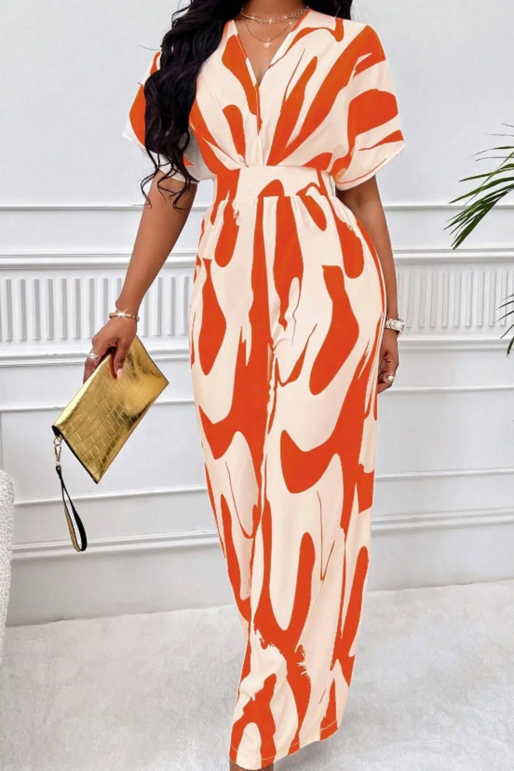 Printed V - Neck Short Sleeve Wide Leg Jumpsuit - Rochelle's House LLC