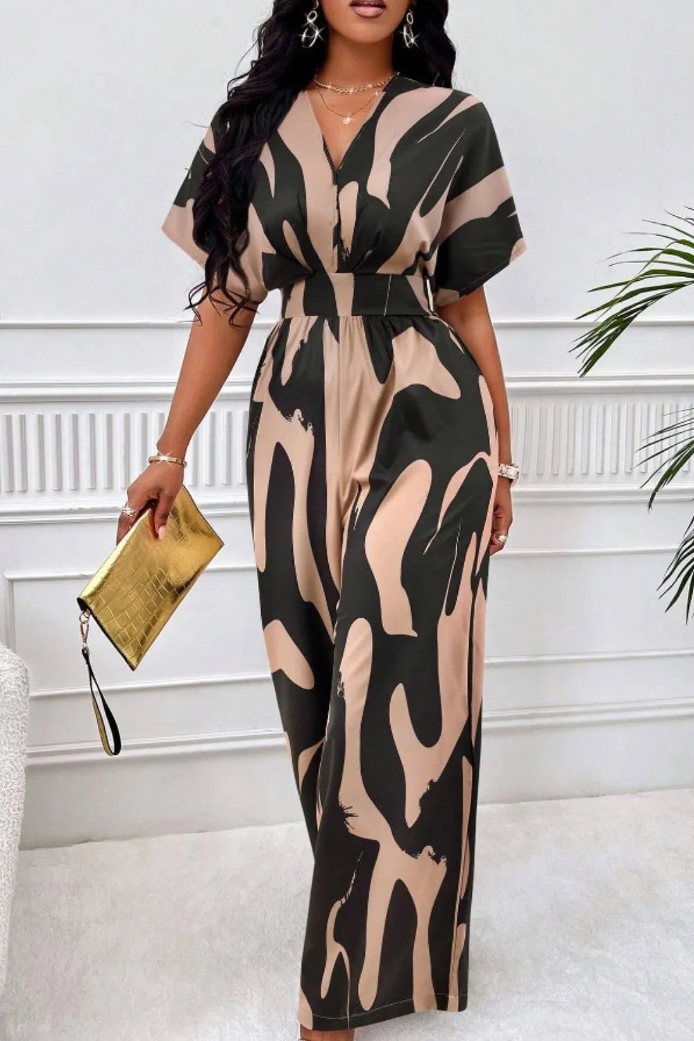 Printed V - Neck Short Sleeve Wide Leg Jumpsuit - Rochelle's House LLC