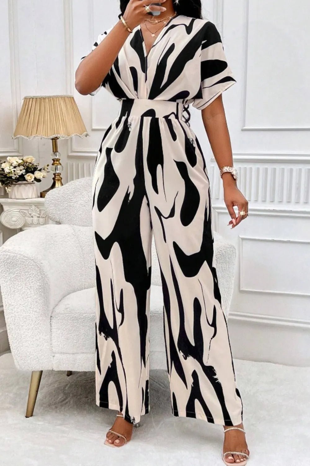 Printed V - Neck Short Sleeve Wide Leg Jumpsuit - Rochelle's House LLC