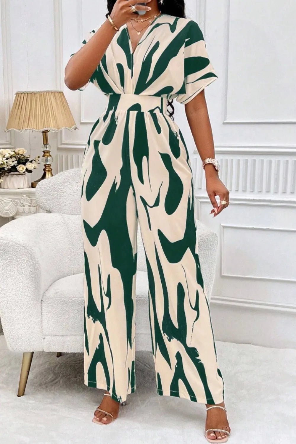 Printed V - Neck Short Sleeve Wide Leg Jumpsuit - Rochelle's House LLC