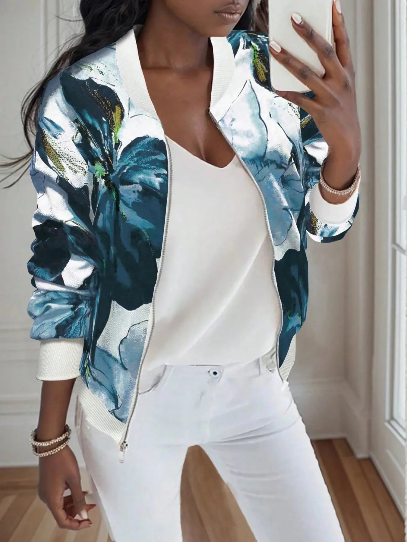 Printed Zip Up Long Sleeve Jacket - Rochelle's House LLC