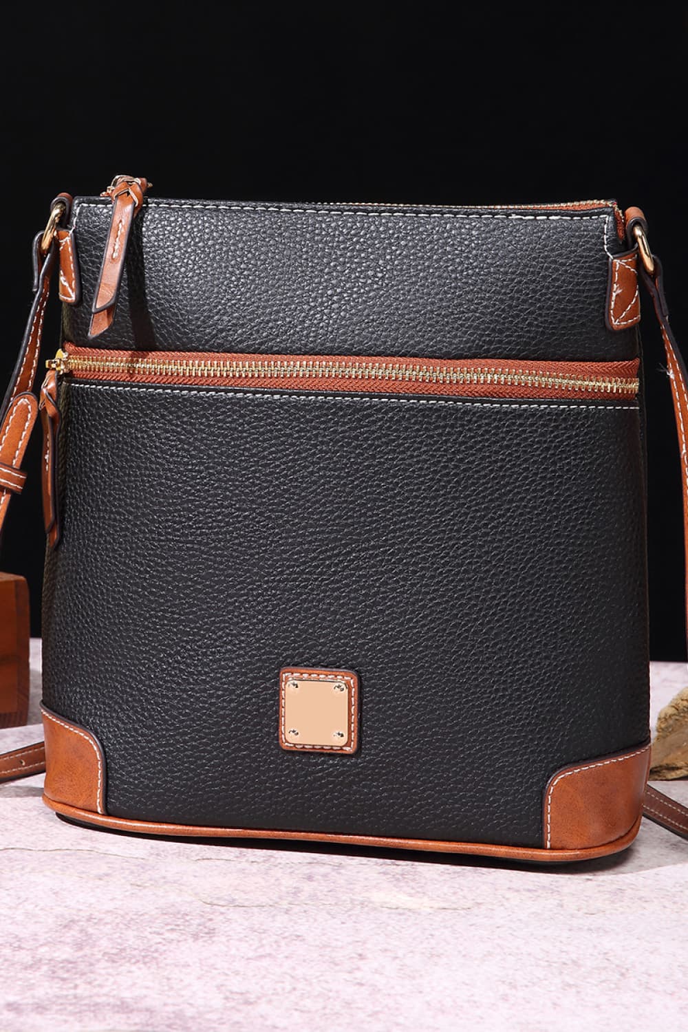 Front view of PU Leather Crossbody Bag in Mustard showing neckline and sleeve details (polyester)