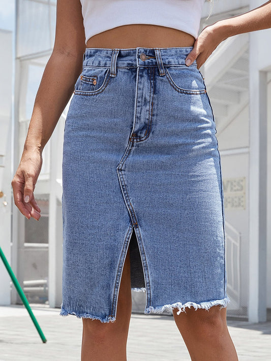Front view of Raw Hem Slit Denim Skirt in Medium showing neckline and sleeve details