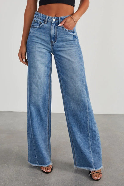Front view of Raw Hem Wide Leg Jeans with Pockets in Medium showing neckline and sleeve details (100% cotton for durability)
