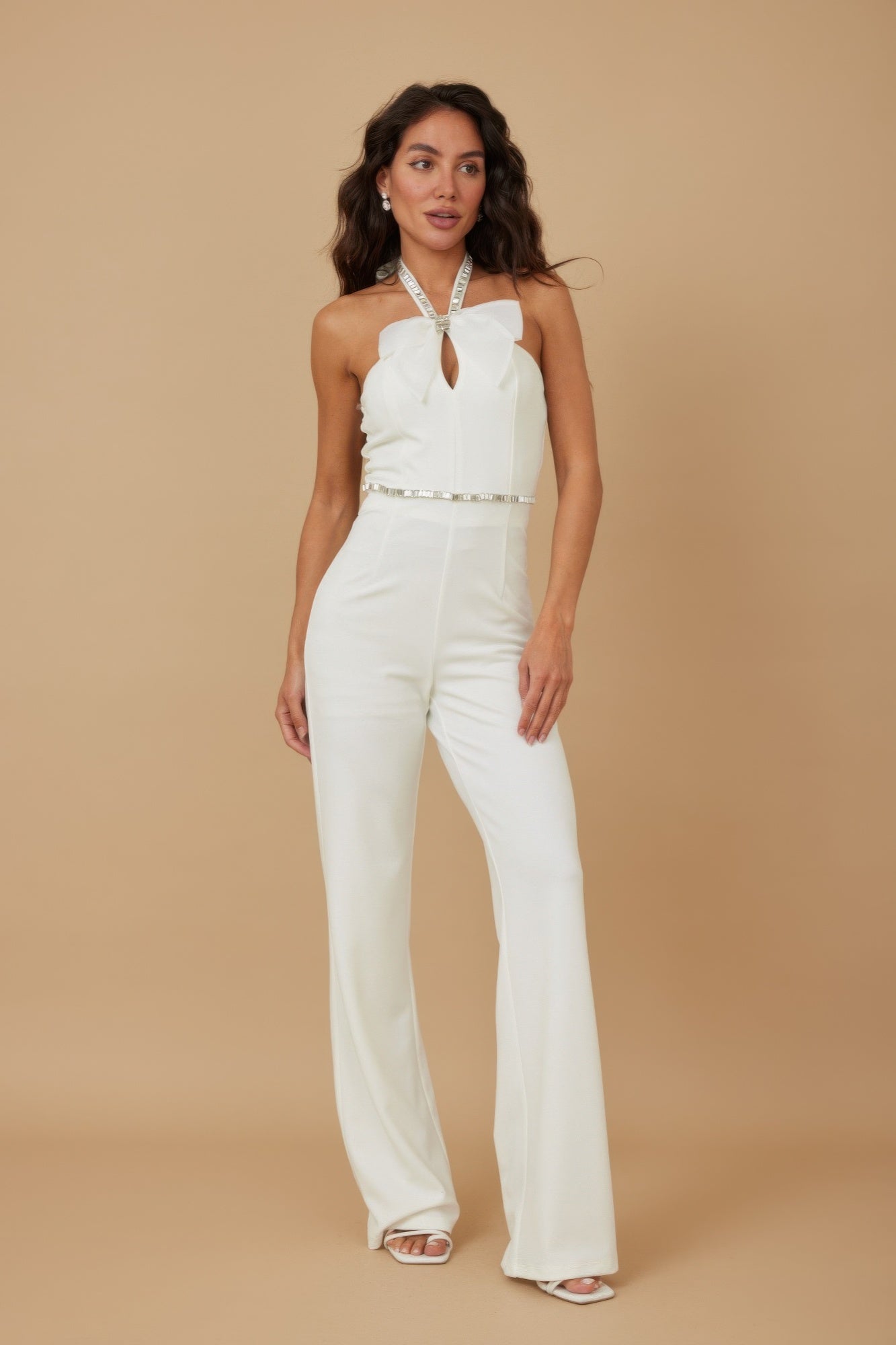 Front view of Rhinestone Ribbon Haltered Neck Jumpsuit showing neckline and sleeve details