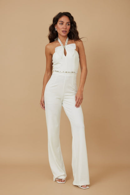 Front view of Rhinestone Ribbon Haltered Neck Jumpsuit showing neckline and sleeve details