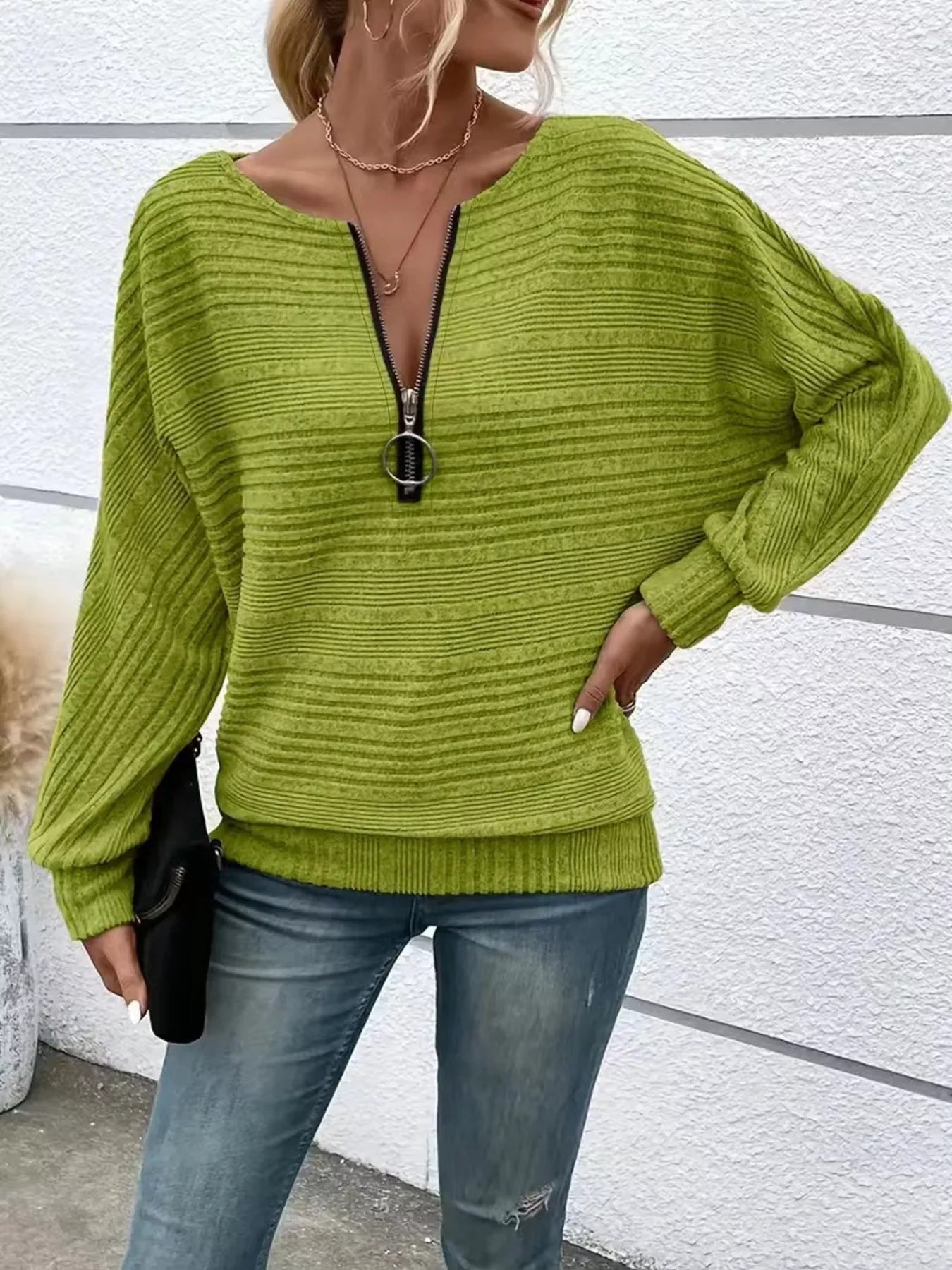 Ribbed Knit Quarter Zip Sweatshirt - Rochelle's House LLC