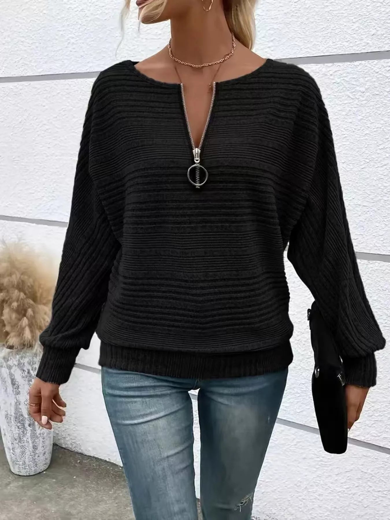 Ribbed Knit Quarter Zip Sweatshirt - Rochelle's House LLC