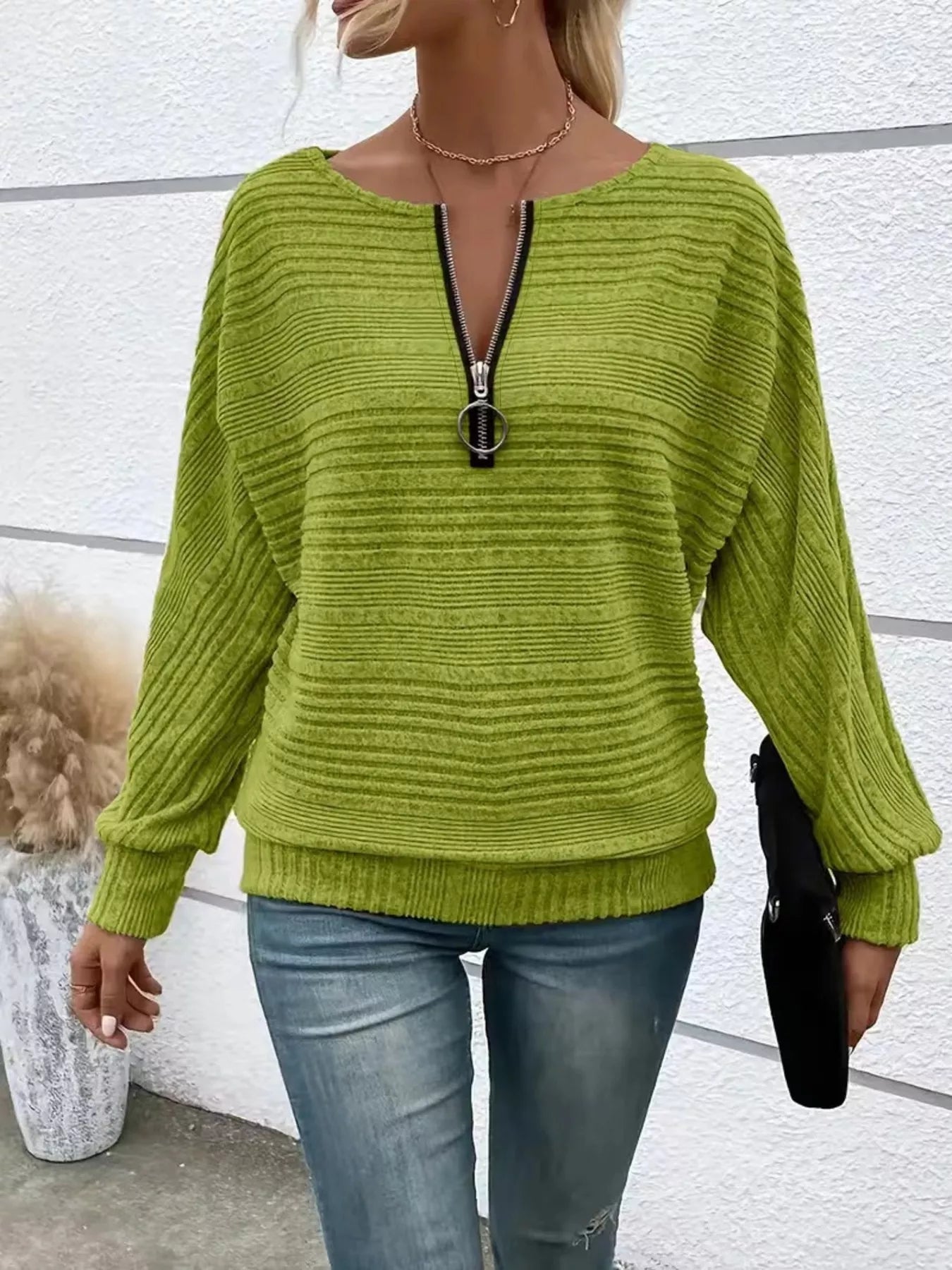 Ribbed Knit Quarter Zip Sweatshirt - Rochelle's House LLC
