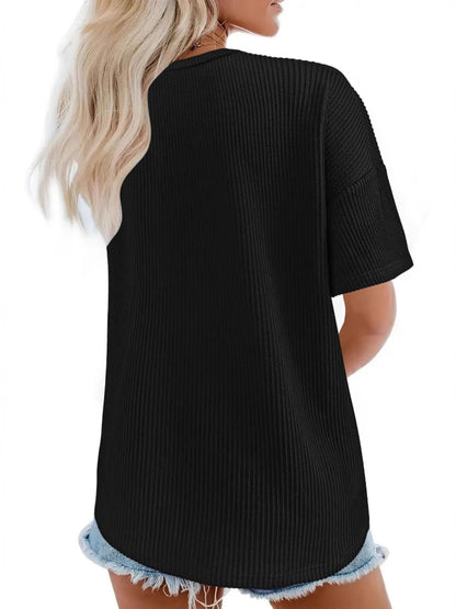 Ribbed V - Neck Oversized T-Shirt - Rochelle's House LLC