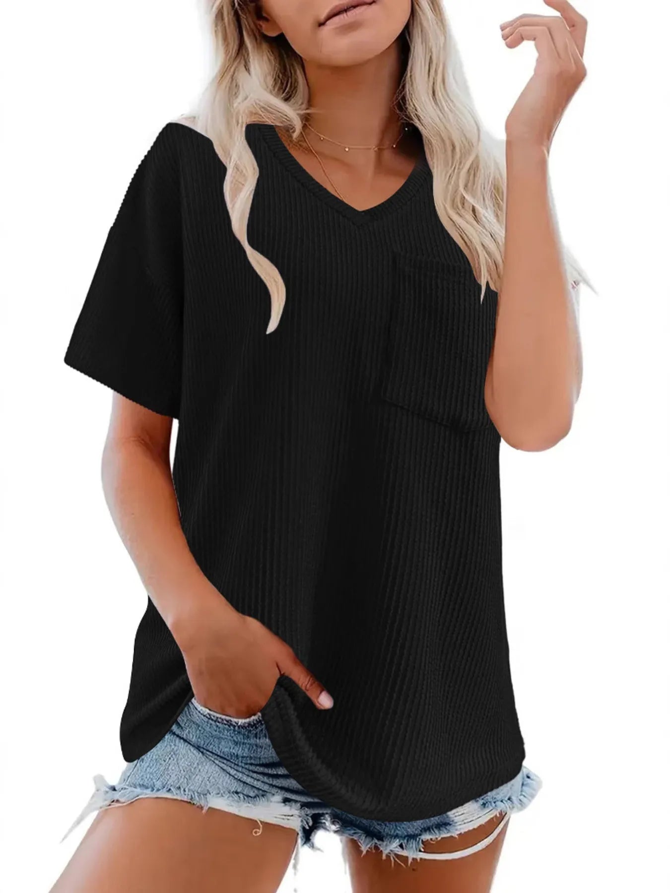 Ribbed V - Neck Oversized T-Shirt - Rochelle's House LLC