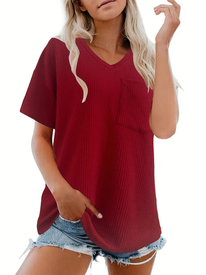 Ribbed V - Neck Oversized T-Shirt - Rochelle's House LLC