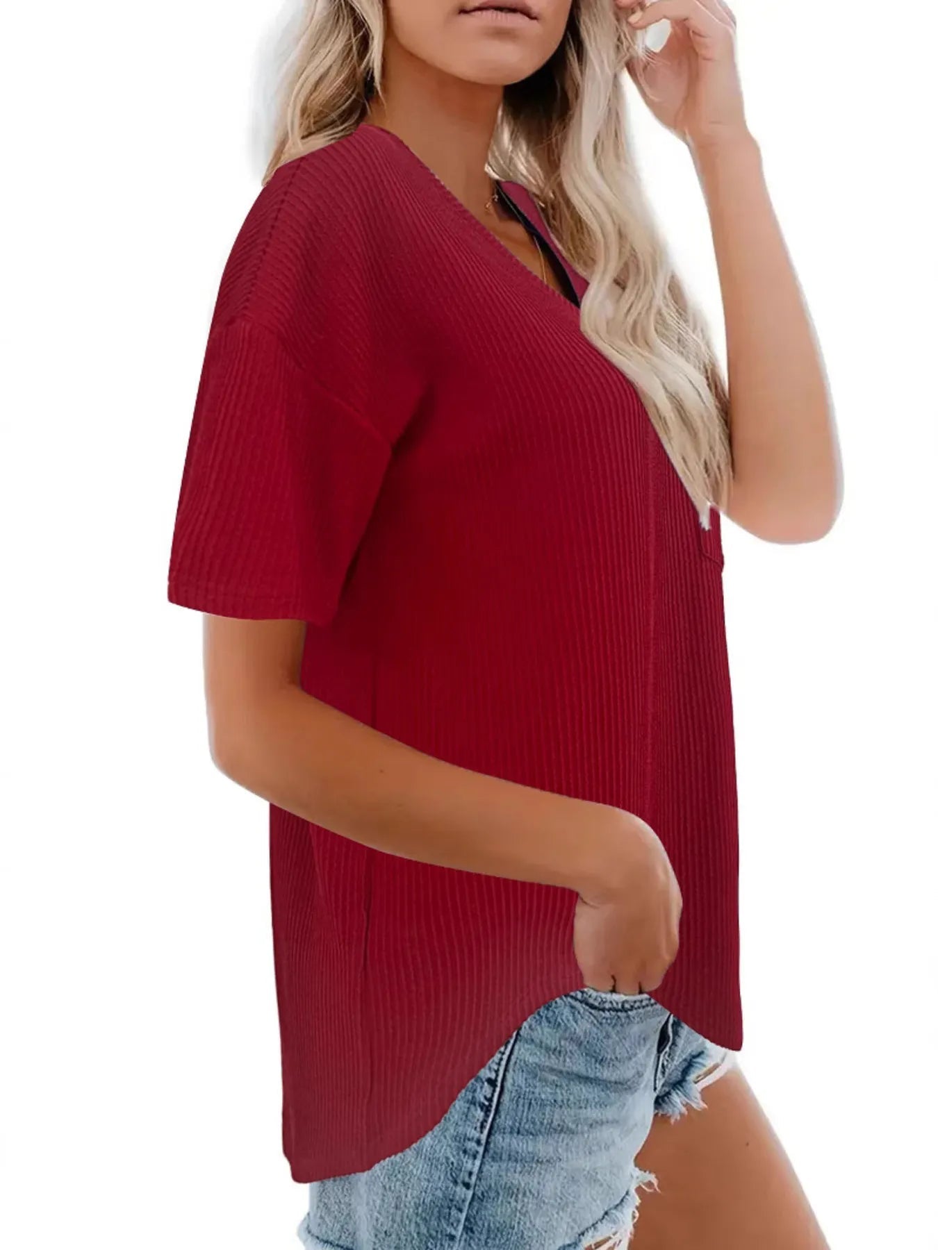 Ribbed V - Neck Oversized T-Shirt - Rochelle's House LLC