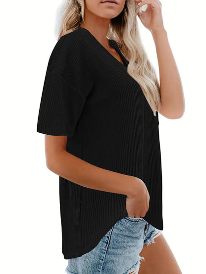 Ribbed V - Neck Oversized T-Shirt - Rochelle's House LLC