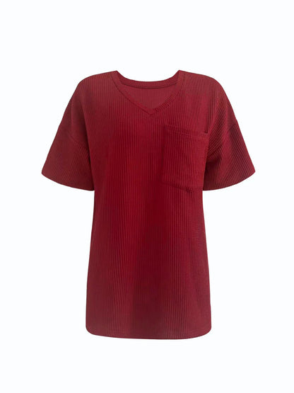 Ribbed V - Neck Oversized T-Shirt - Rochelle's House LLC