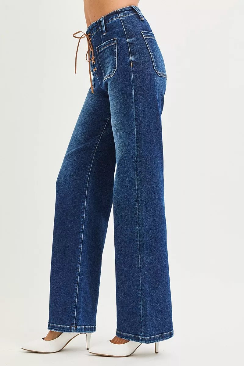 RISEN Full Size High Rise Wide Leg Jeans with Front Tie Detail Plus Size - Rochelle's House LLC