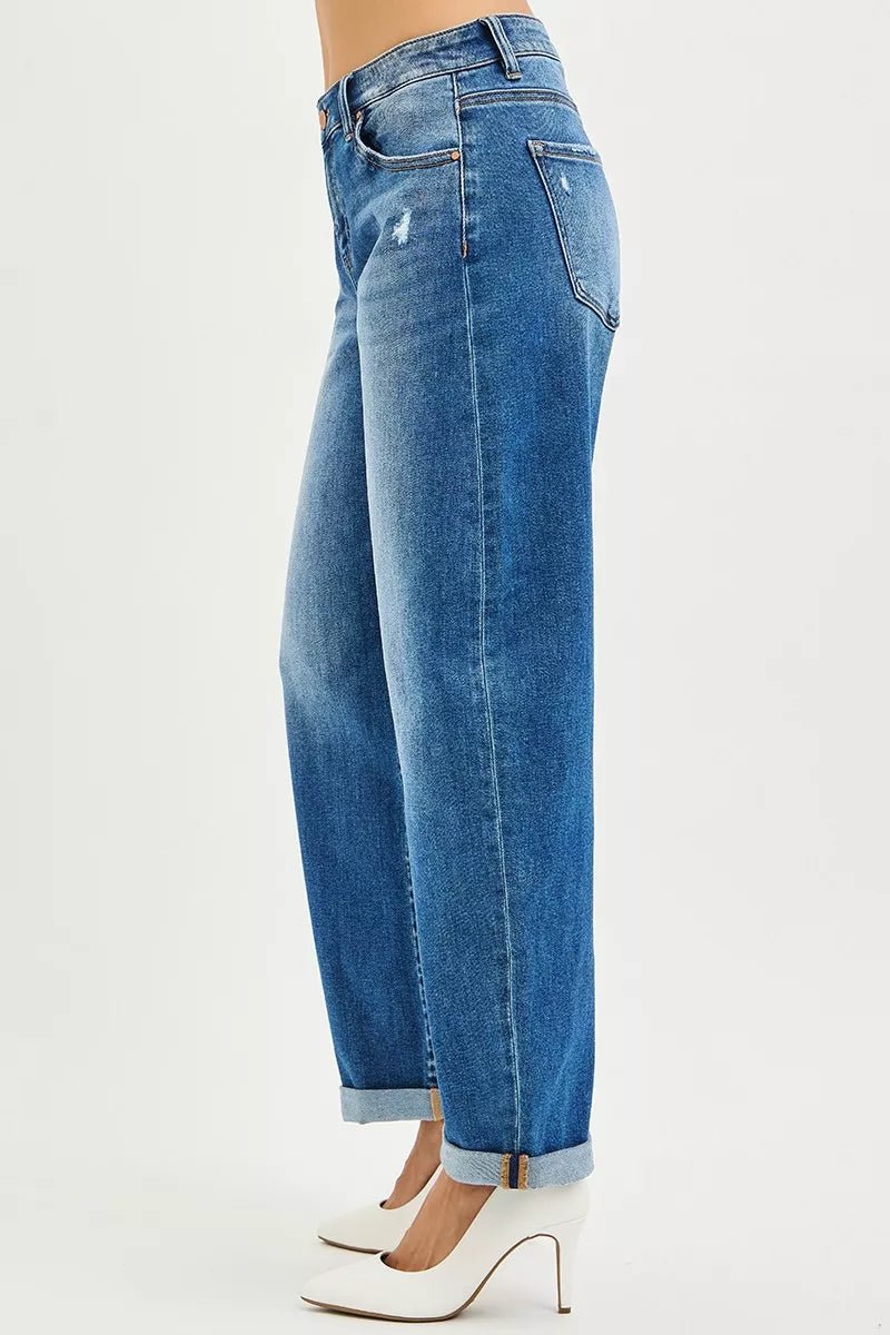 RISEN Full Size Mid Rise Barrel Double Roll Up Jeans Plus Size - Rochelle's House LLC