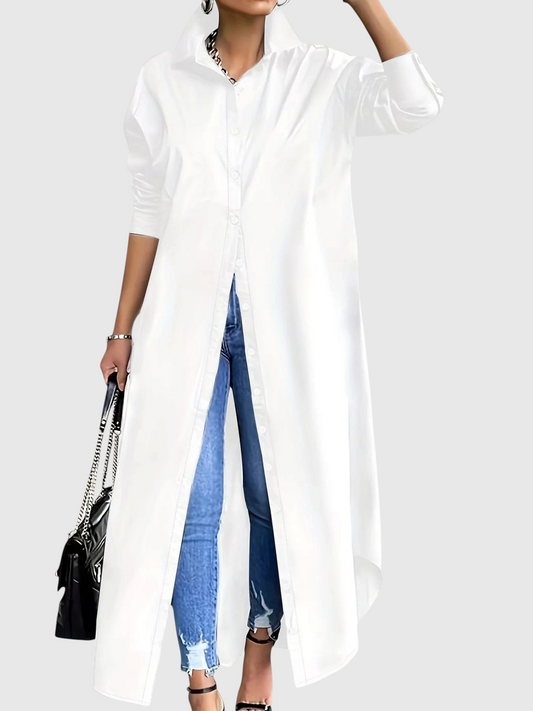 Rochelle's House LLC plus size white longline button-down shirt with an oversized fit and asymmetrical hem