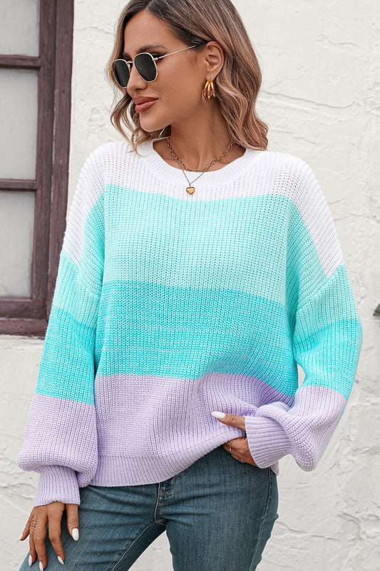 Round Neck Color Block Ribbed Pullover Sweater - Rochelle's House LLC