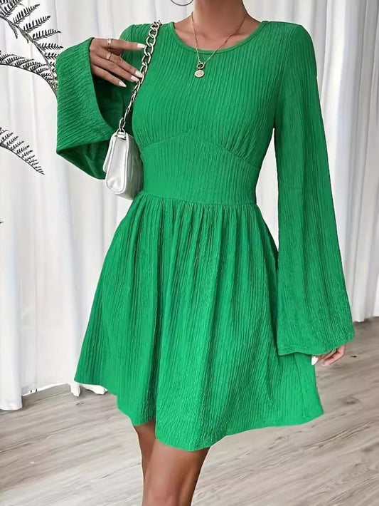 Front view of Round Neck Flare Sleeve Mini Dress in Green showing neckline and sleeve details