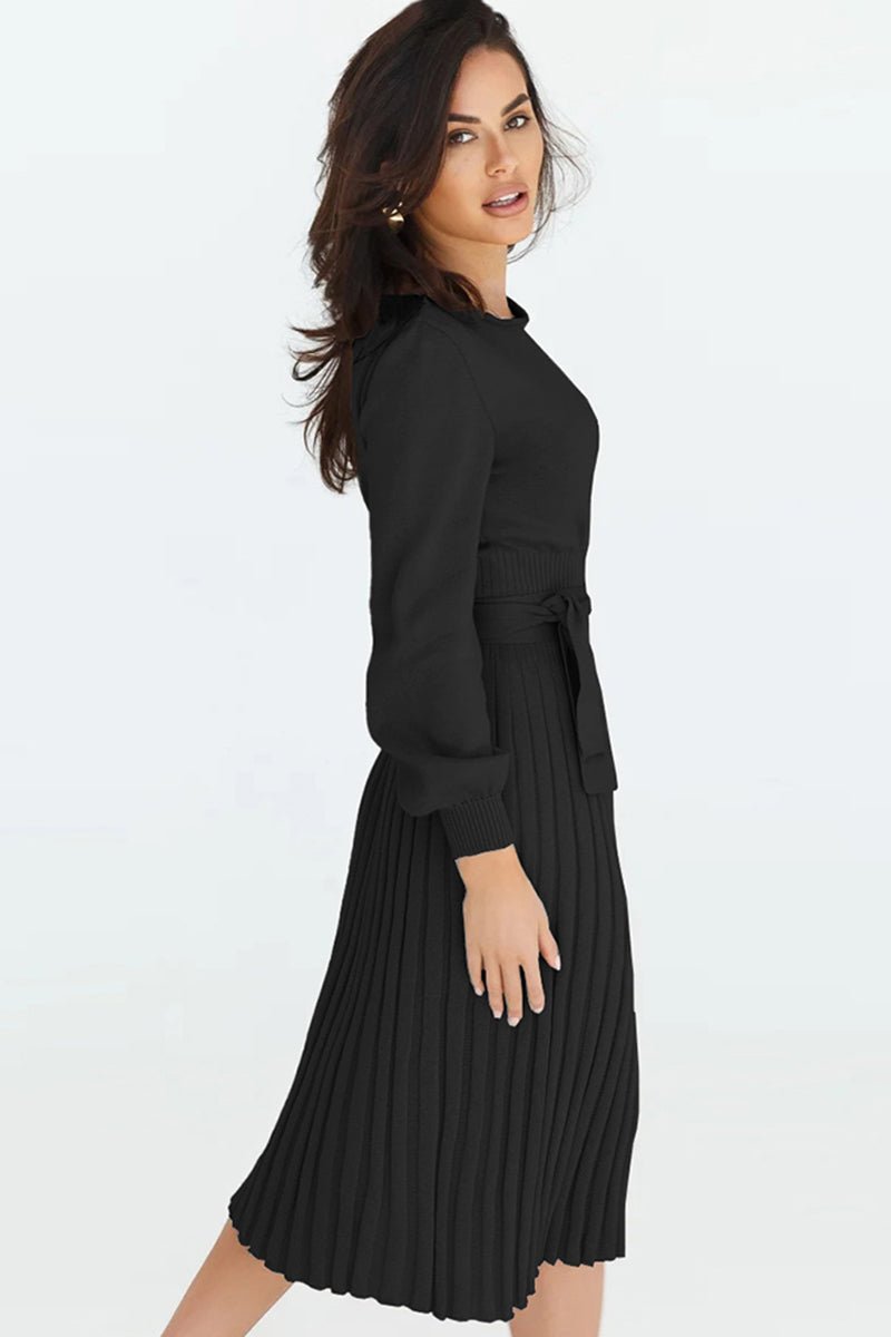 Round Neck Long Sleeve Pleated Sweater Dress - Rochelle's House LLC