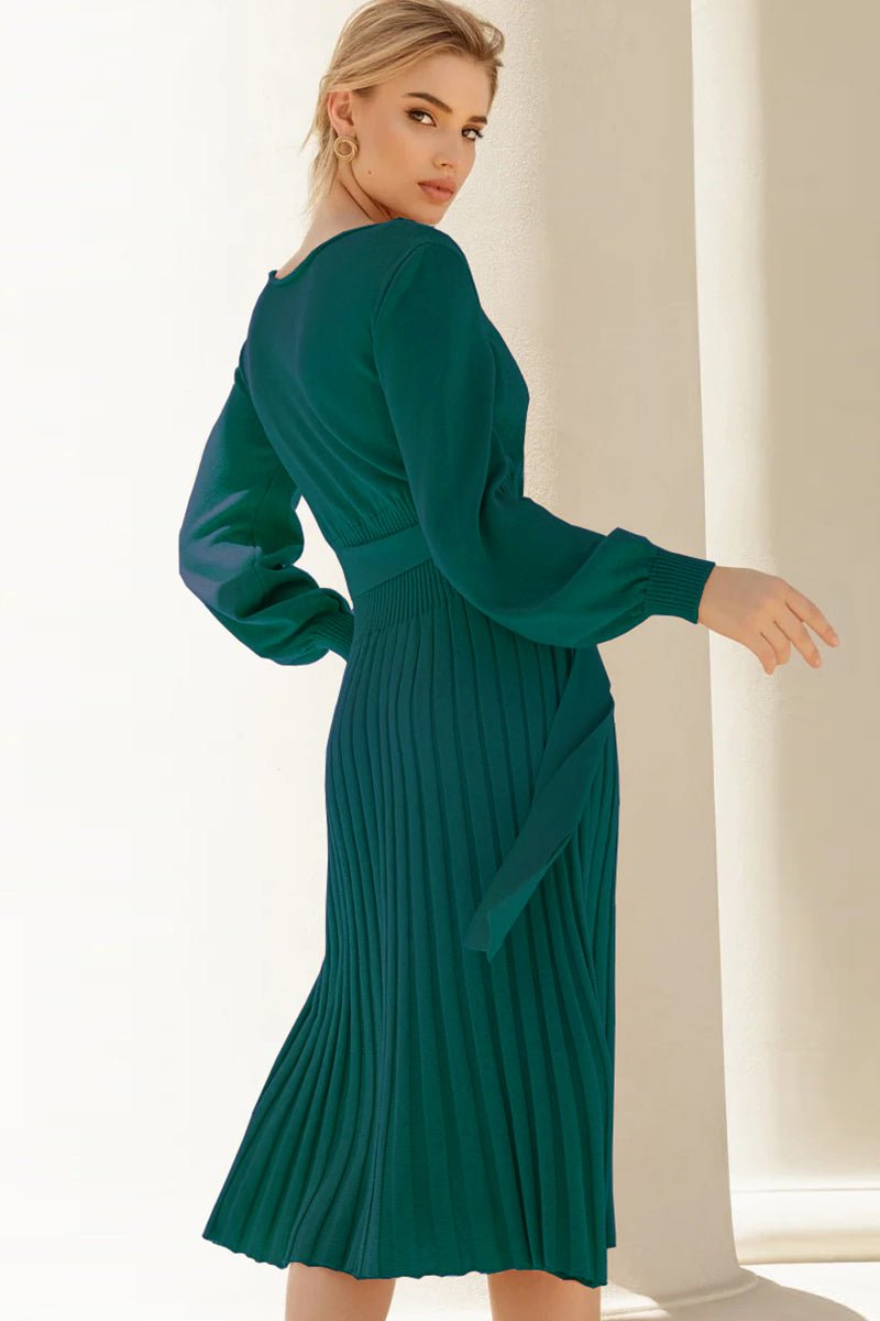 Round Neck Long Sleeve Pleated Sweater Dress - Rochelle's House LLC