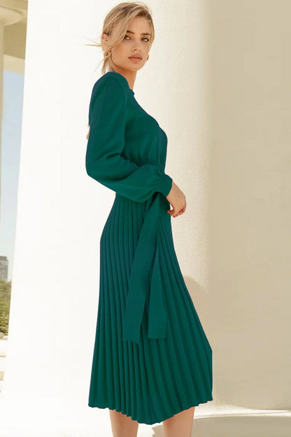 Round Neck Long Sleeve Pleated Sweater Dress - Rochelle's House LLC