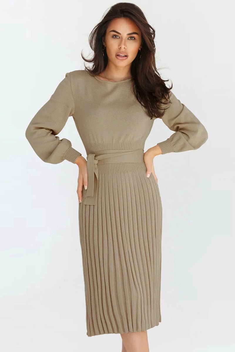 Round Neck Long Sleeve Pleated Sweater Dress - Rochelle's House LLC