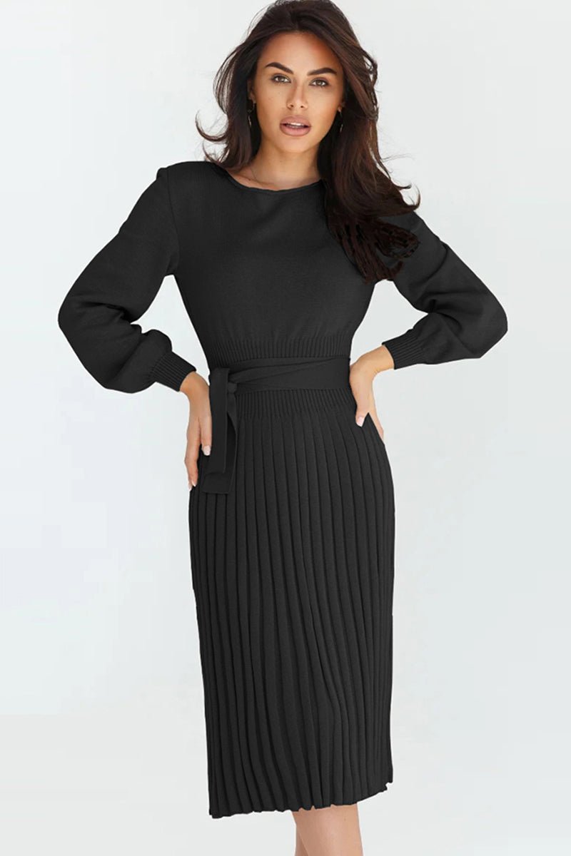 Round Neck Long Sleeve Pleated Sweater Dress - Rochelle's House LLC