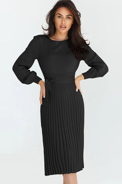 Round Neck Long Sleeve Pleated Sweater Dress - Rochelle's House LLC