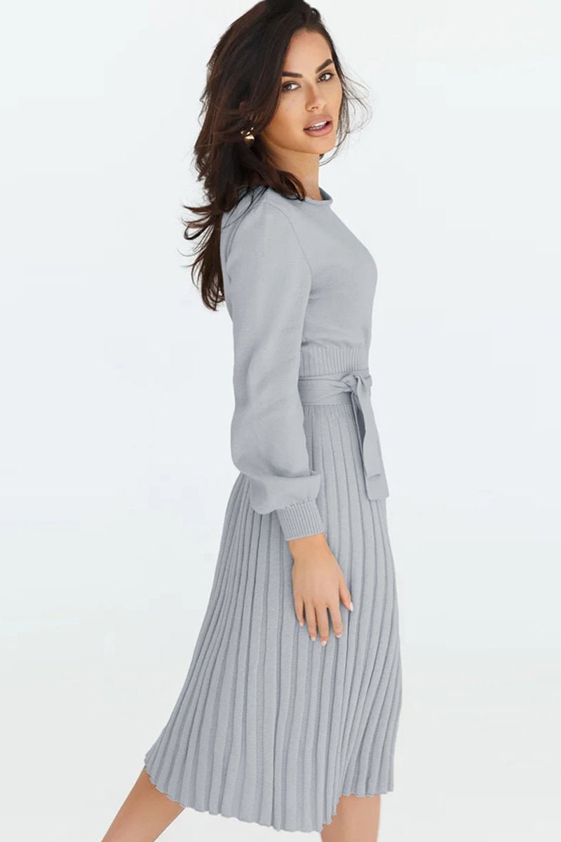 Round Neck Long Sleeve Pleated Sweater Dress - Rochelle's House LLC