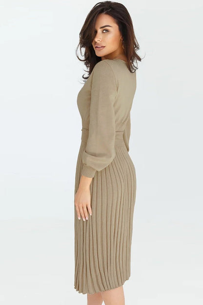 Round Neck Long Sleeve Pleated Sweater Dress - Rochelle's House LLC