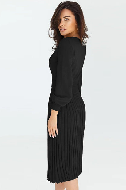 Round Neck Long Sleeve Pleated Sweater Dress - Rochelle's House LLC