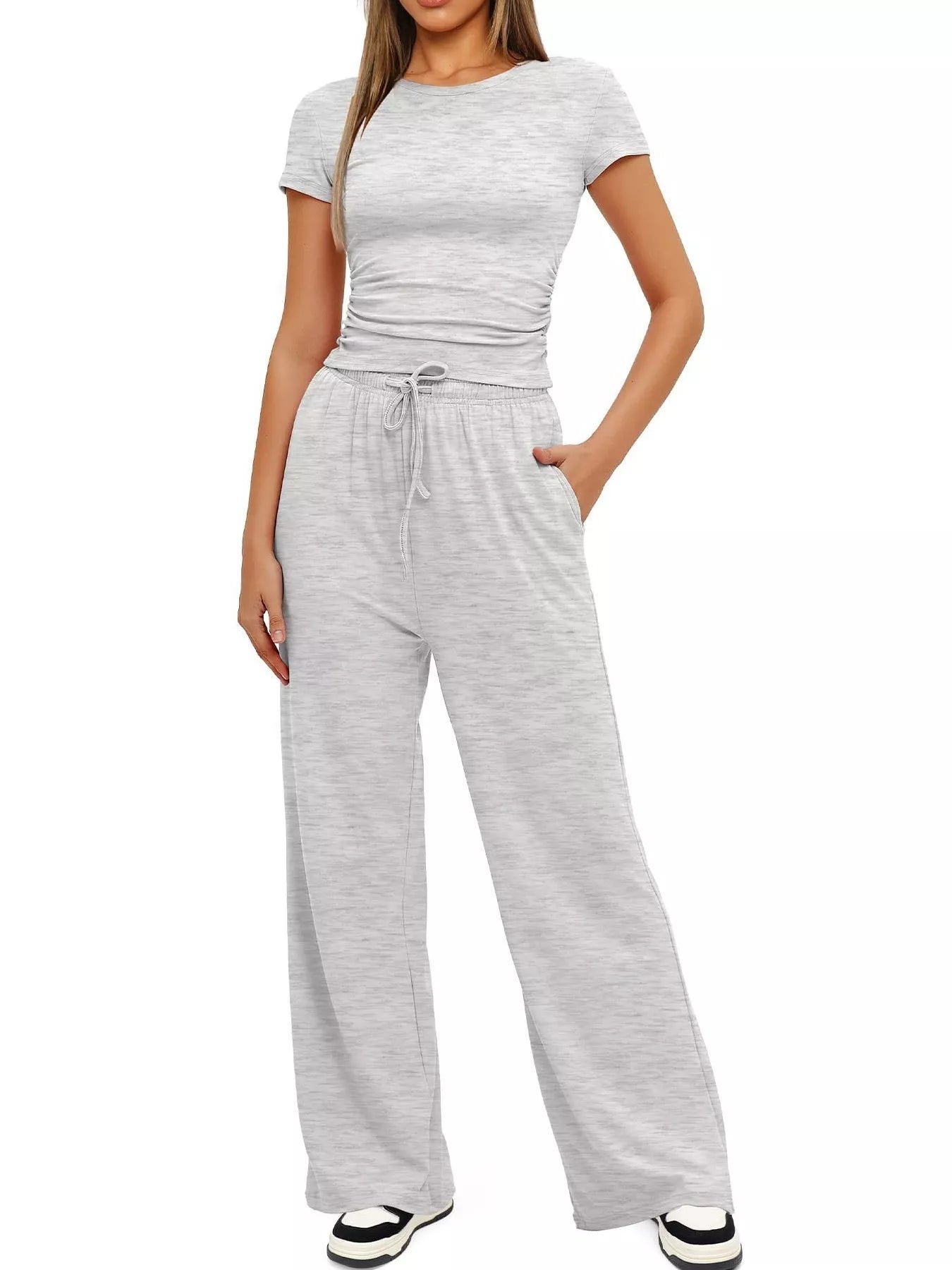 Front view of Round Neck Short Sleeve T-Shirt and Pants Set in Light Gray showing neckline and sleeve details