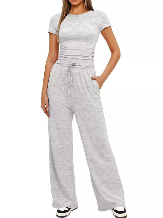 Front view of Round Neck Short Sleeve T-Shirt and Pants Set in Light Gray showing neckline and sleeve details