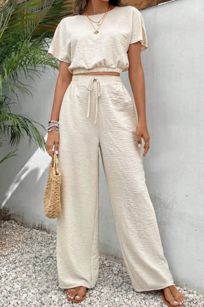 Front view of Round Neck Short Sleeve Top and Pants Set in Beige showing neckline and sleeve details