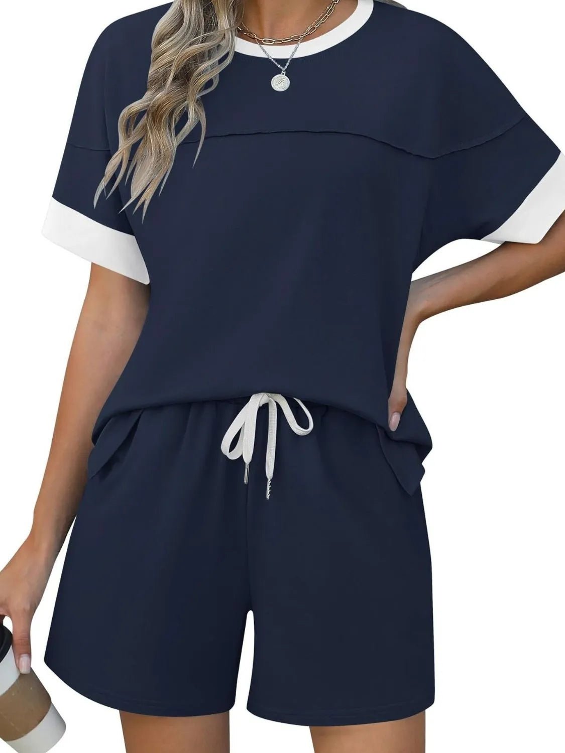 Front view of Round Neck Short Sleeve Top and Shorts Set in Dark Blue showing neckline and sleeve details (95% polyester and)