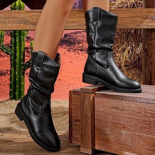 Front view of Round Toe Block Heels Boots in Dark Brown showing neckline and sleeve details (pu)