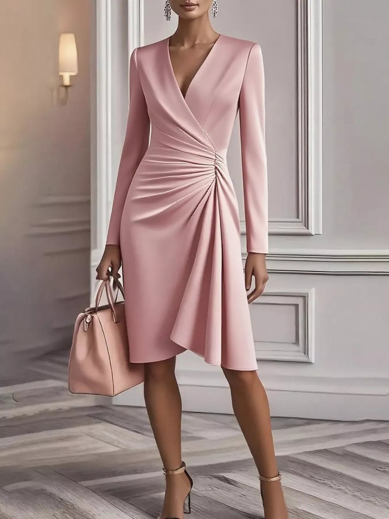 Front view of Ruched Surplice Long Sleeve Dress in Pink showing neckline and sleeve details