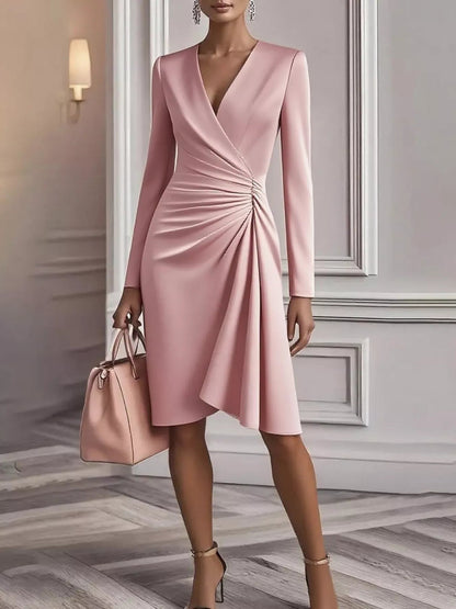 Front view of Ruched Surplice Long Sleeve Dress in Pink showing neckline and sleeve details