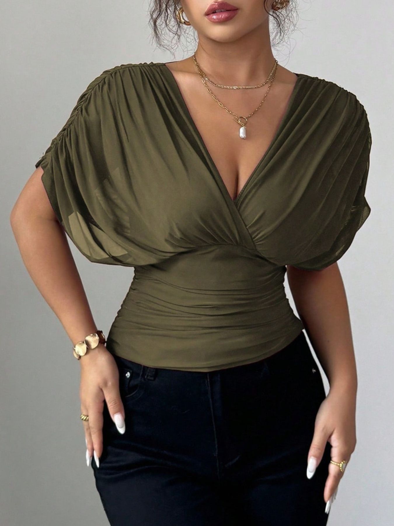 Ruched Surplice Short Sleeve Top - Rochelle's House LLC