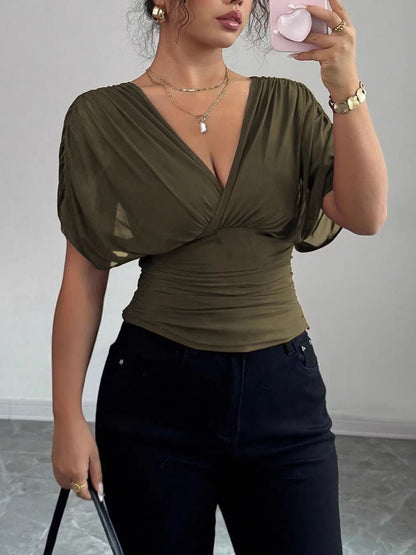 Ruched Surplice Short Sleeve Top - Rochelle's House LLC