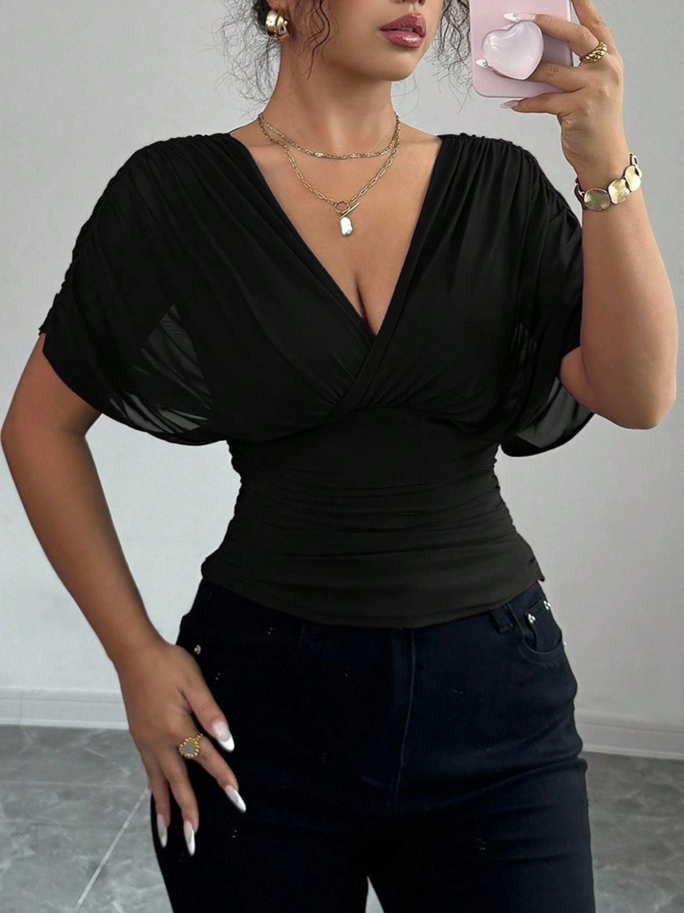 Ruched Surplice Short Sleeve Top - Rochelle's House LLC