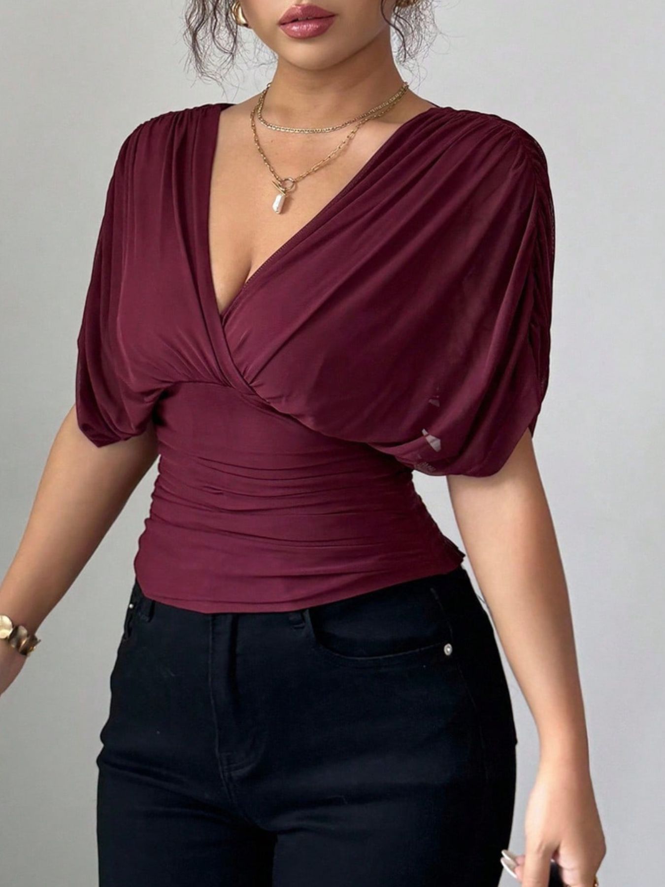 Ruched Surplice Short Sleeve Top - Rochelle's House LLC