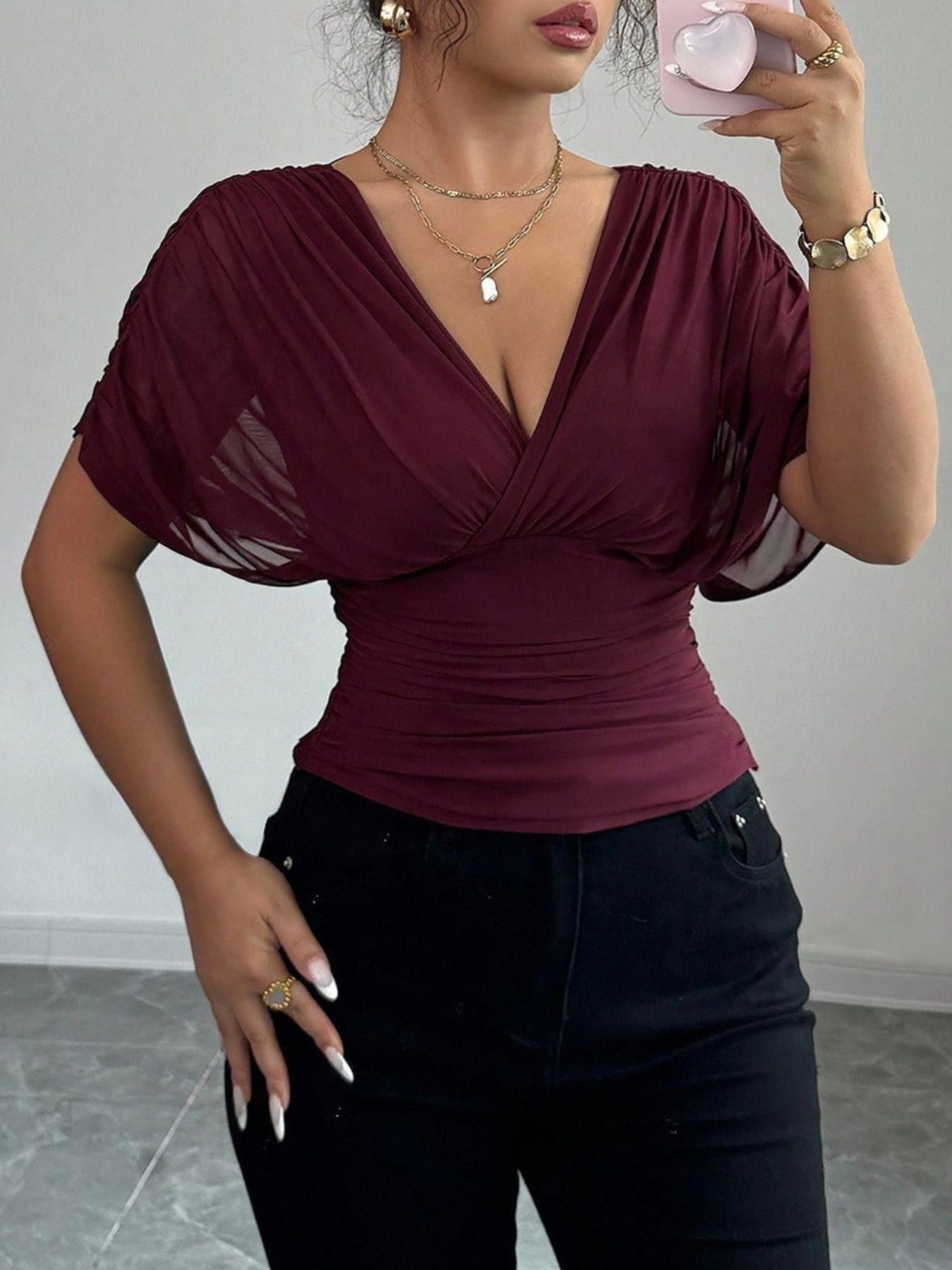 Ruched Surplice Short Sleeve Top - Rochelle's House LLC