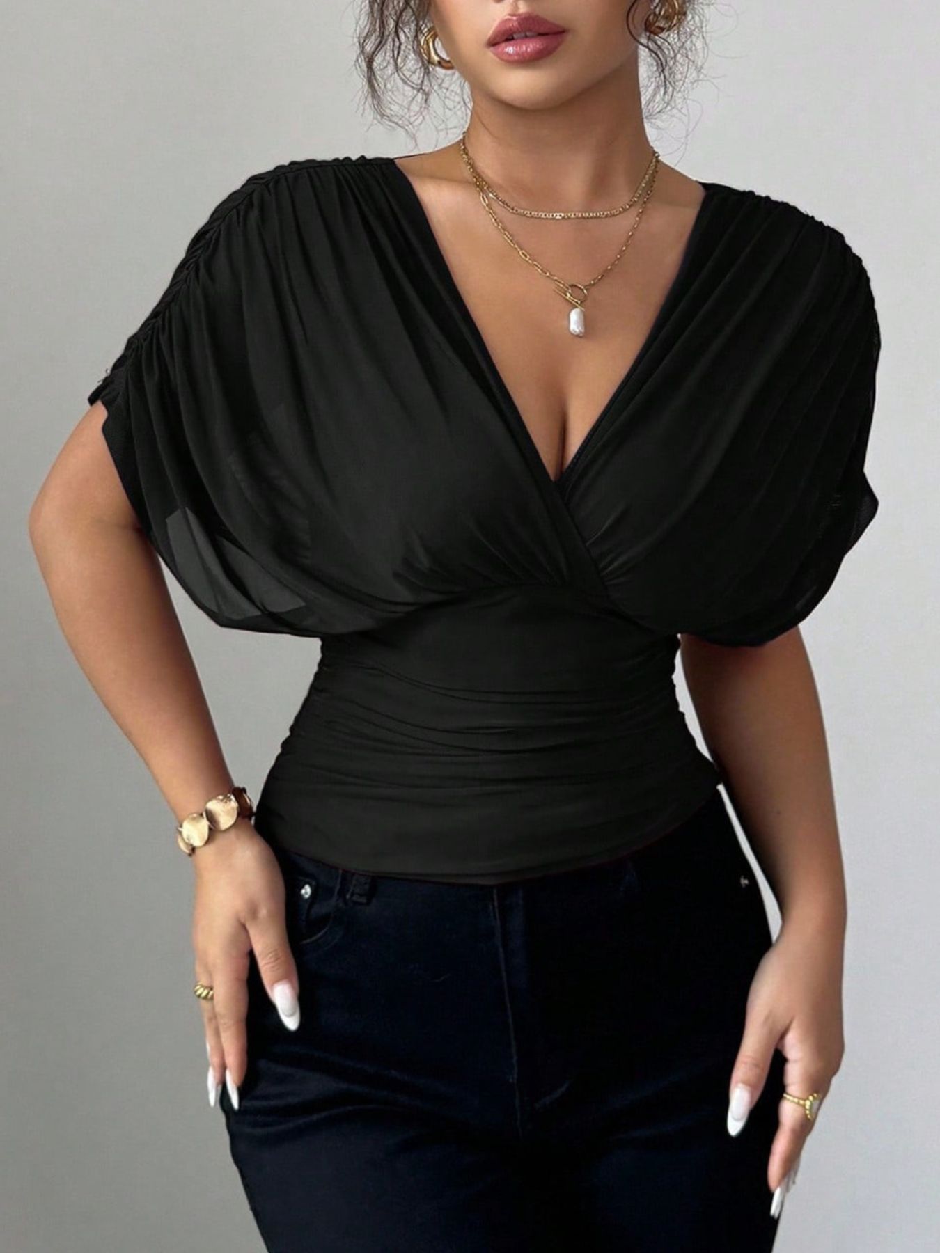 Ruched Surplice Short Sleeve Top - Rochelle's House LLC