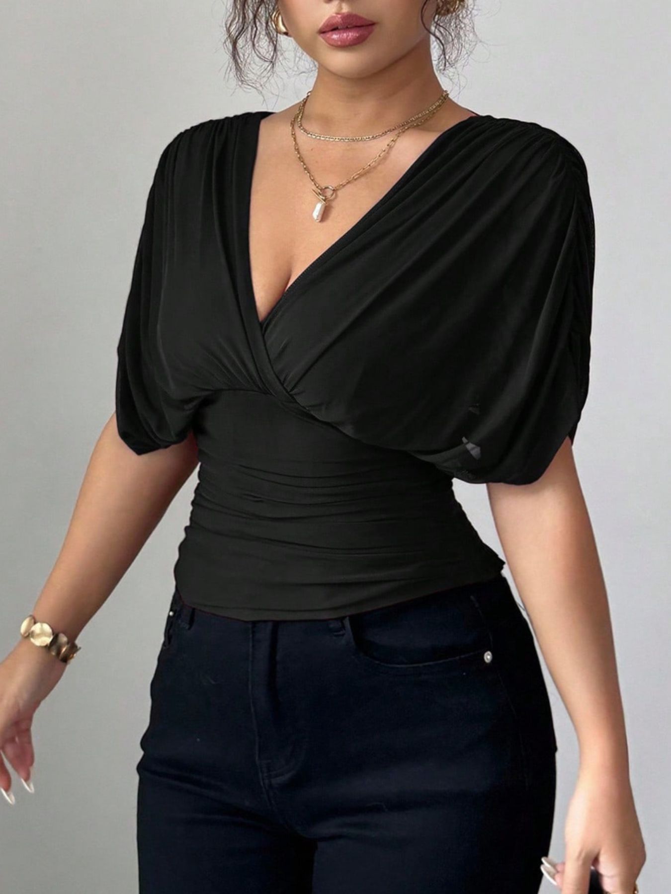 Ruched Surplice Short Sleeve Top - Rochelle's House LLC