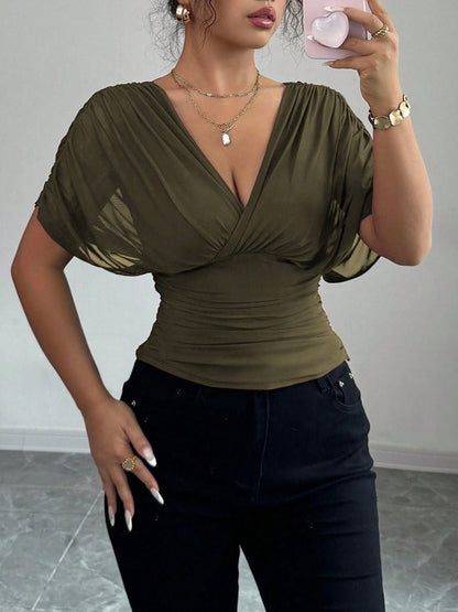 Ruched Surplice Short Sleeve Top - Rochelle's House LLC